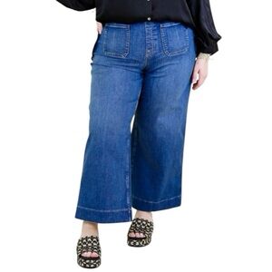 NWT SPANX Plus Size 2X Washed Blue Wide Leg Cropped Shaping Front Pocket Jeans